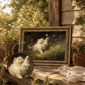 Cuadro en Lienzo con Marco Dorado Vintage Ornamentado, Pintura al Óleo de Gatito Blanco Esponjoso Perseguiendo Mariposas, Decoración Rústica para Cabaña en la Pradera, OEM ODM - Product Image 3