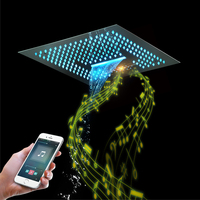 Robinet de douche thermostatique en laiton noir mat avec barre coulissante de 16 pouces, pommeau de douche LED effet pluie/cascade et système audio pour usage hôtelier