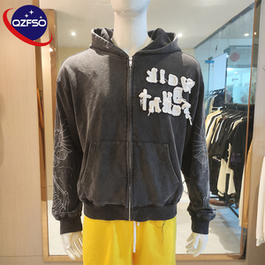 QZFSO, parche desgastado personalizado, apliques bordados, jersey con cremallera, bolsillo de canguro, Terry francés, Boxy Fit, Sudadera con capucha de lavado ácido para hombres - Product Image 1