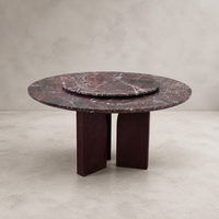 Table à manger ronde sur mesure en marbre Rosso Levanto avec plateau tournant, dessus en pierre naturelle, base en placage de bois MDF pour hôtel