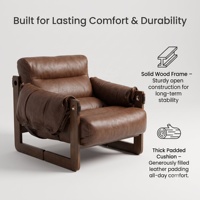 Fauteuil d'appoint en cuir avec structure en bois massif vintage, fauteuil simple de designer rétro, fauteuil lounge de luxe en cuir pour salon
