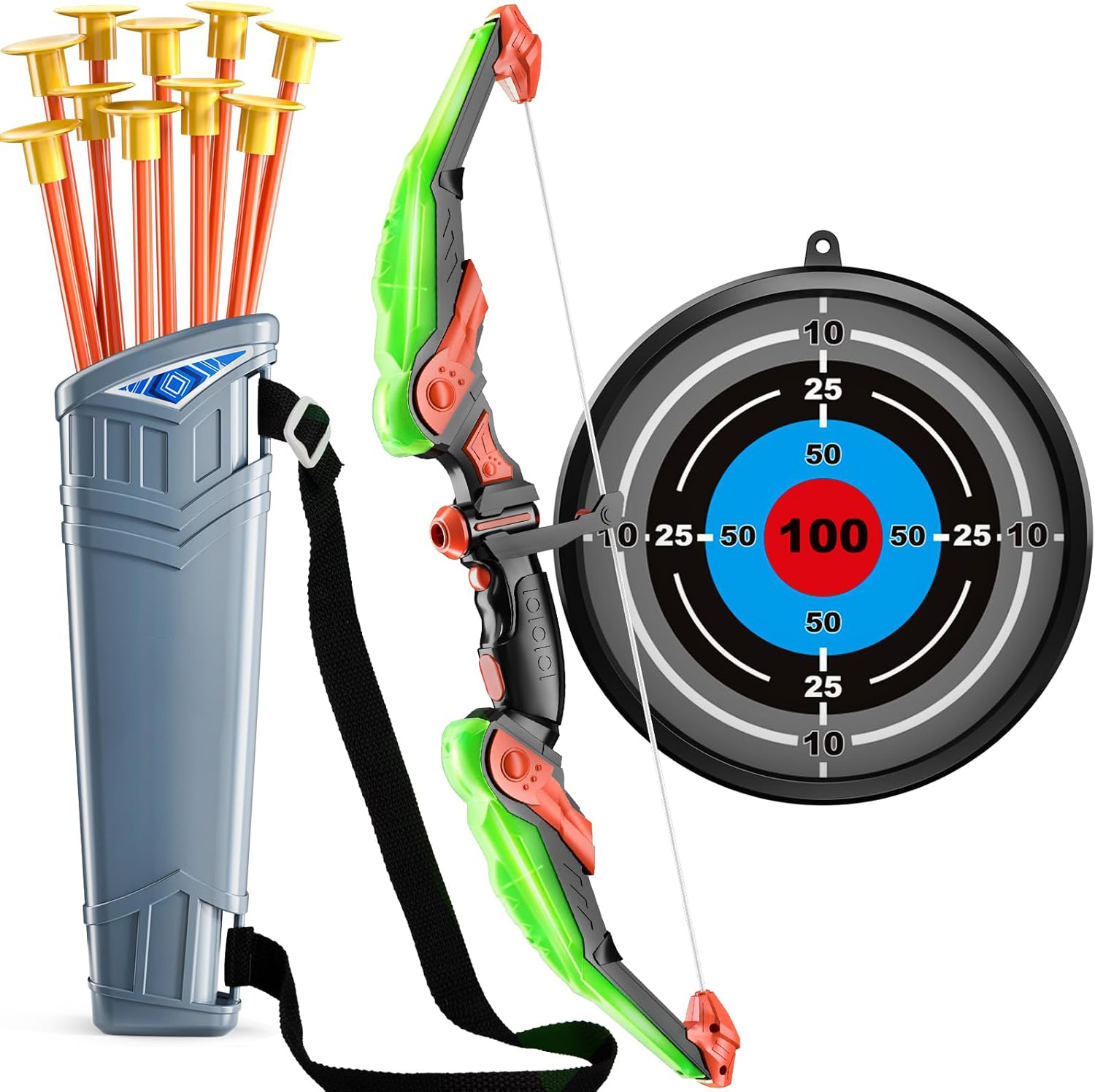 Green bow + 10 arrows + quiver + dart target + 3 bottles