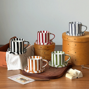 Vintage Ceramic Afternoon Tea Cup and Saucer Striped Coffee Mug <b>Set</b> <b>Microwave</b> Safe Latte Cup - Product Image 2