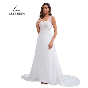 Elegante abito da sposa senza schienale con strascico in Chiffon lungo davanti a schiena lunga in misto paillettes con strascico da cappella - Product Image 2