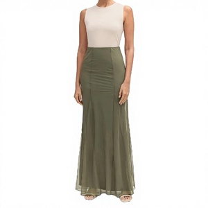 Falda Larga Recta de Organza y Chifón Verde Oliva de Cintura Alta, Elegante Falda Maxi Sólida para Mujer, Todas las Temporadas - Product Image 3