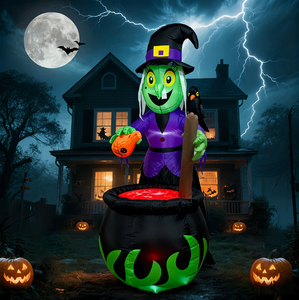 Décoration d'Halloween gonflable <span class=keywords><strong>de</strong></span> 1,8 m : Sorcière avec corbeau sur <span class=keywords><strong>l</strong></span>'épaule, brassant une potion magique dans un chaudron, pour une ambiance effrayante - Product Image 2