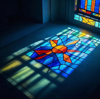 Vitrail artisanal sur mesure en verre trempé plat pour lanterneau de chapelle, porte d'église, cloison de salon et décoration d'hébergement touristique