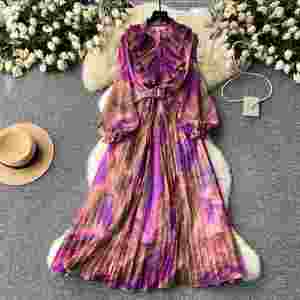 Vestido Midi con estampado al óleo para mujer, vestido elegante Vintage francés para mujer, vestidos de gasa con estampado de cintura y manga larga - Product Image 2