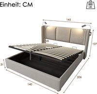 Lit de chambre moderne avec base de lit LED USB, tête de lit, lattes doubles, espace de rangement, rembourré pour 2 personnes (sans matelas)