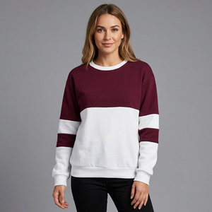 Pull à col rond pour femme, à blocs de couleur, manches longues, décontracté, en coton tricoté, hiver, 120g, blanc et bordeaux - Product Image 3