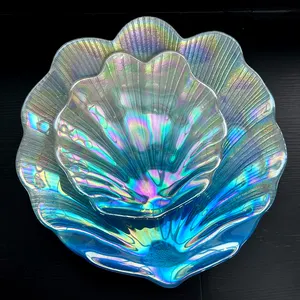 ZK230231 custom logo iridescence colored dinnerware shell shaped blue glass iridescent charger plates