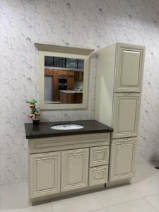 Meuble sous-vasque en bois massif avec miroir demi-lune Lavabo mélamine MDF acier marbre Comptoir salles de bains d'hôtel - Product Image 6