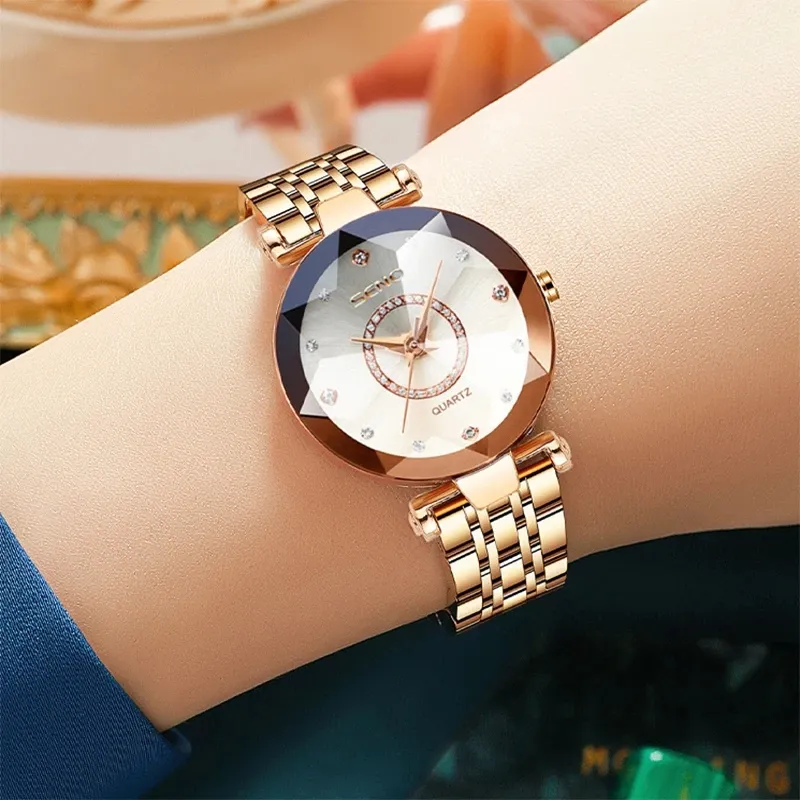 2022 New Trendy Starry Sky Blue Watch with Diamond Rose Gold Stainless Steel 3ATM Waterproof Analog Quartz Watches Purple Dial
