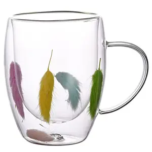 Wholesale 12oz High Borosilicate Creative Dry Flower Double Wall Glass Mug For Coffee