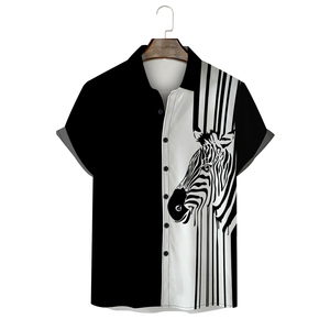 Camicia estiva a righe bianche e nere con stampa 3D grafica <span class=keywords><strong>zebrata</strong></span> da uomo # Camicia Hawaiana da Uomo, Moda Casual Stile Streetwear # Maglietta da uomo - Product Image 1