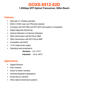 Módulo Transceptor Óptico GOXS 8512 02D 1.25G SFP SX, 850nm, 550M, Fibra Multimodo, DDM, Conector LC Dúplex para Redes Gigabit - Product Image 4