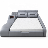 Lit Moderne de Luxe en Cuir Rembourré avec Haut-parleur Bluetooth, Massage Cervical, Cadre en Bois Durable et Design Compact