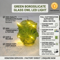 Lampe de nuit LED Hibou en verre vert, Figurine à effet craquelé en forme de plume, Décoration de table, Lampe féerique en borosilicate, Vente en gros OEM pour la maison