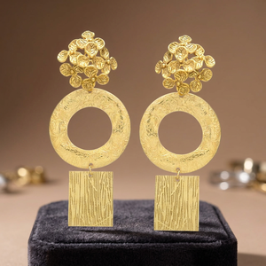 Matte <b>Gold</b> Floral Cluster Geometric Circle <b>Disc</b> Rectangular Drop Statement Earrings Brass 18K <b>Gold</b> Plated Ethnic Anniversary - Product Image 2