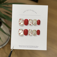 Lot de 10 faux ongles à presser faits main, courts, ronds et carrés, en acrylique, avec paillettes rouges et dorées, vente en gros