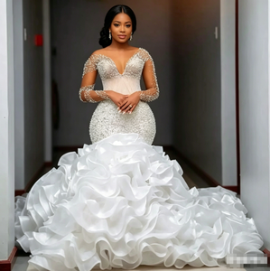 Vestidos de Novia Africanos de Lujo para Chicas Negras, Estilo Sirena, Manga Larga, con Cuentas, Aso Ebi, Vestidos de Novia Personalizados - Product Image 1