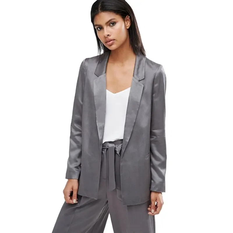 Women Blazer Suit Ladies Dark Grey Relaxed Soft Satin Blazer Suits