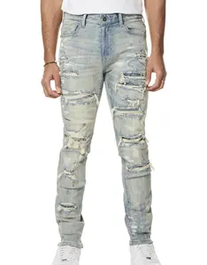 2024 New Vintage Custom Slim Fit Distressed Biker Washed Denim Pants Skinny Stretch Men Patchwork Ripped Jeans denim