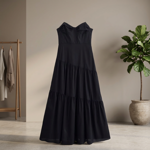 Vestido maxi negro sin mangas para mujer, cuello corazón, con volantes, corte en A, casual, de verano, de gasa, holgado, color liso, largo hasta el suelo - Product Image 4