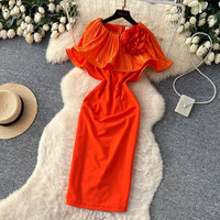 Robe midi décontractée élégante pour femmes WIWT, orange, plissée, col à volants, décoration florale 3D, pour les fêtes, le quotidien, robes décontractées