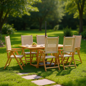 Ensemble de salle à manger de jardin moyen beige en bois d'acacia massif et rotin PE, 6 places, mobilier d'extérieur style contemporain - Product Image 2