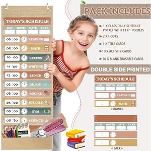Burlap Daily Schedule Pocket Chart 14 Pockets Reusable Cards Time Management Classroom <b>Decor</b> Farmhouse - Product Image 3