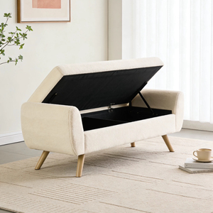 Banc de rangement en fausse fourrure d'agneau crème, tabouret de rangement long avec pieds en <span class=keywords><strong>bois</strong></span> <span class=keywords><strong>et</strong></span> accoudoirs latéraux, multifonctionnel - Product Image 4