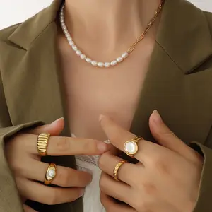 Aimgal天然淡水巴洛克珍珠拼接316不锈钢18k镀金项链扣链