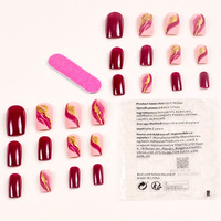 24 Pièces Faux Ongles Longs Cercueil Effet Dégradé Violet-Rouge Doré à la Feuille, Ongles à Coller
