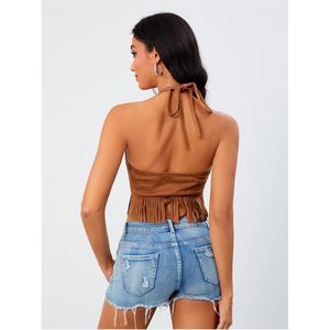 Women's <b>Fringe</b> Western Halter Crop <b>Top</b> Party Wear Woven PU Leather Bodycon Sleeveless Cowgirl Style No Chest Pad - Product Image 2