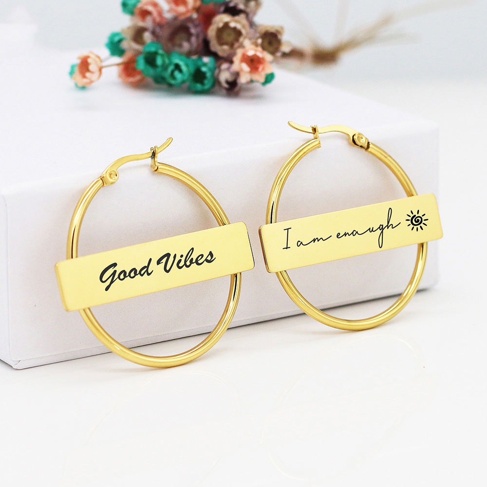 BINSHUO Wholesale Custom Stainless Steel Jewelry Blank Rectangular  Nameplate Laser Engraved Letter Circle Hoop Earrings Women