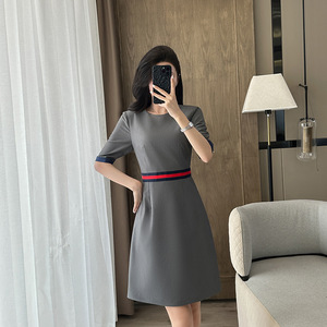 Mid Sleeve Women's Career Dress Grey O Neck A Line Midi Skirt Woven Fabric Comfortable Work Uniform - Product Image 1