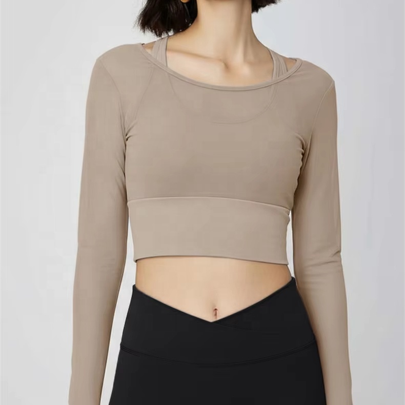 Womens Quick Dry Slim Yoga Tank Tops Built-In Bras Mesh Long Sleeve Cross Back Breathable Sports Bra