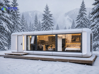 Maison-capsule spatiale de luxe avec chambre spacieuse et cuisine complète, conçue pour les maisons d'hôtes