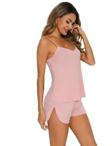Novo Conjunto de Pijama Feminino de Algodão Duas Peças com Vestido Tomara que Caia de Cor Sólida Sexy - Product Image 4