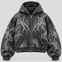 Sweat à capuche zippé personnalisé pour homme, épais, délavé, effet vieilli, motif gothique, coupe oversize, style streetwear vintage, vente en gros B2B, OEM