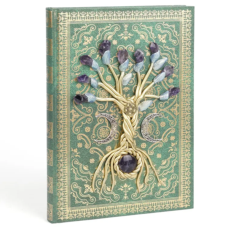 Natural Amethyst Silver Moon Gold Life Tree Magic Magical Notebook with Bookmarks