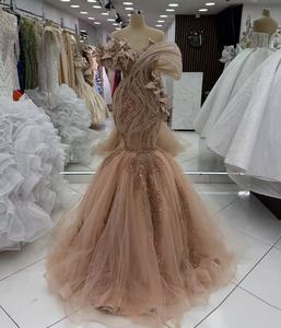 Gaun Malam Putri Duyung Champagne Cantik Gaun Prom Bahu Terbuka Ruffle Applique Bunga Gaun Pesta Selebriti Vestido De Novia - Product Image 2