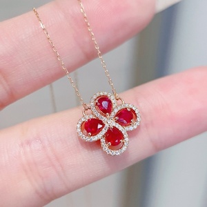 Xinfly Solid 18K Gold Natural <b>Ruby</b> Diamond Clover <b>Necklace</b> AU750 Rose Gold Pear Cut Flower Fine Jewelry for Women - Product Image 3