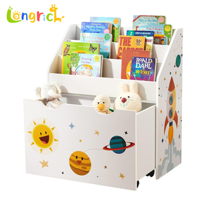 <span class=keywords><strong>Bibliothèque</strong></span> pour enfants Organisateur de jouets <span class=keywords><strong>Coffre</strong></span> et <span class=keywords><strong>bibliothèque</strong></span> avec 3 étagères Boîte de rangement avec roues Thème d'espace polyvalent - Product Image 1