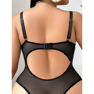Sexy plus size PU leren jumpsuit met kant patchwork, sexy spicy girl nachtclub bodysuit, grote maat lingerie - Product Image 2