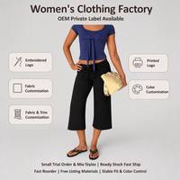 Pantalon large femme style européen, taille élastiquée, noir, coupe courte, décontracté, été, vente en gros OEM