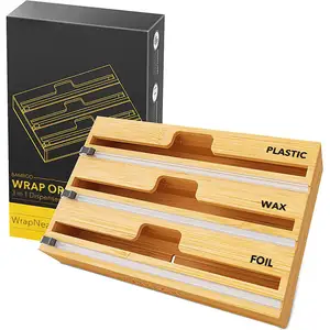 Nieuwe Ontworpen 3-Grids Stevige Bamboe Hout Roll Organizer Houder Met Cutter Voor Plastic Wrap, tin Folie En Perkamentpapier