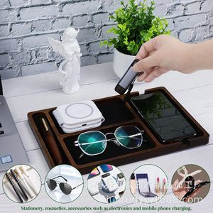 Wooden Desktop <b>Storage</b> <b>Tray</b> Rectangle Multi Compartment Jewelry Watch Glasses Organizer Tabletop Mount Solid Color A25911 - Product Image 3