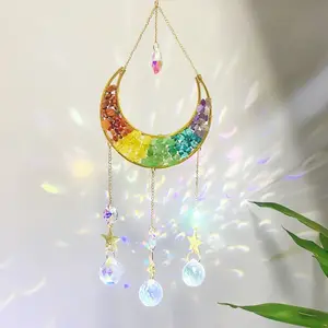 Natural 7 Chakra Healing Gravel Rainbow Wind Chime Handmade Pendant Dream Catcher Prism Ball Ornament Moon Crystal Sun Catcher